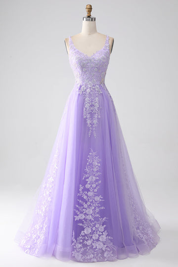 Lilla A-Line Spaghetti Straps Tulle Abito lungo da ballo con applicazioni